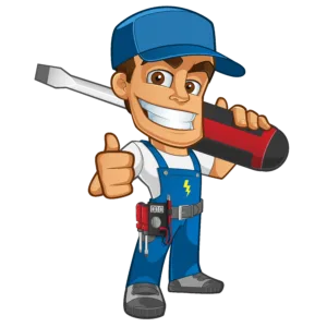 Elettricista cartone animato con cacciavite e sorriso, abbigliamento blu e attrezzi, rappresenta professionista del settore elettrico.